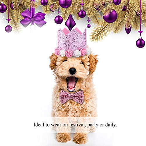 Dogs Hat, Fashionable Christmas Birthday Party Pet Dogs Cats Shiny Flower Crown Hat Bow Tie Set(Pink)