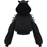 PMIYS Women's Halloween Hoodies Cute Ear Cat Long Sleeve Crop Sweatshirt Teen Girls Halloween Sweatshirts
