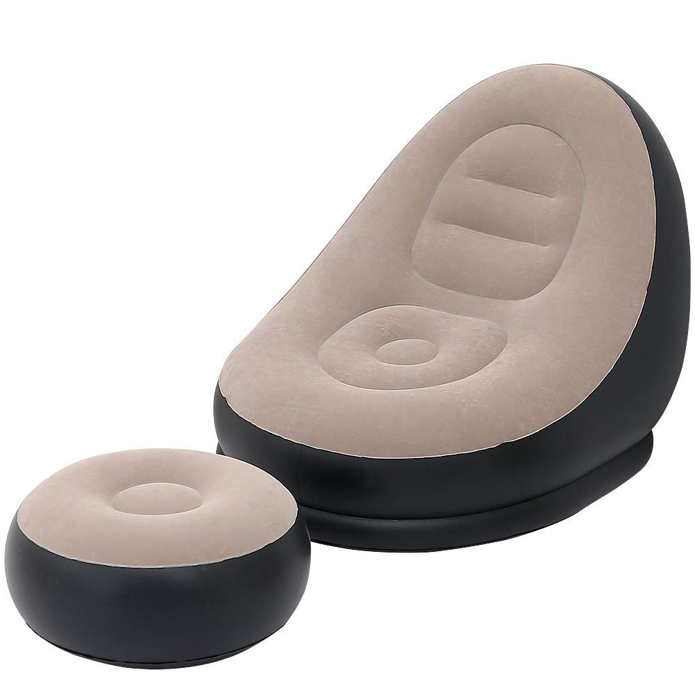 Photo 1 of MENGDUO Inflatable Leisure Sofa Chair and Footstool Outdoor Folding Lounger Sofa Flocking Lazy Couch (Khaki)