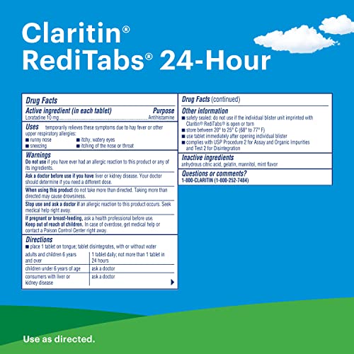 Claritin RediTabs 24 Hour Allergy Medicine, Non-Drowsy Prescription Strength Allergy Relief, Loratadine Antihistamine Tablets, 30 Count