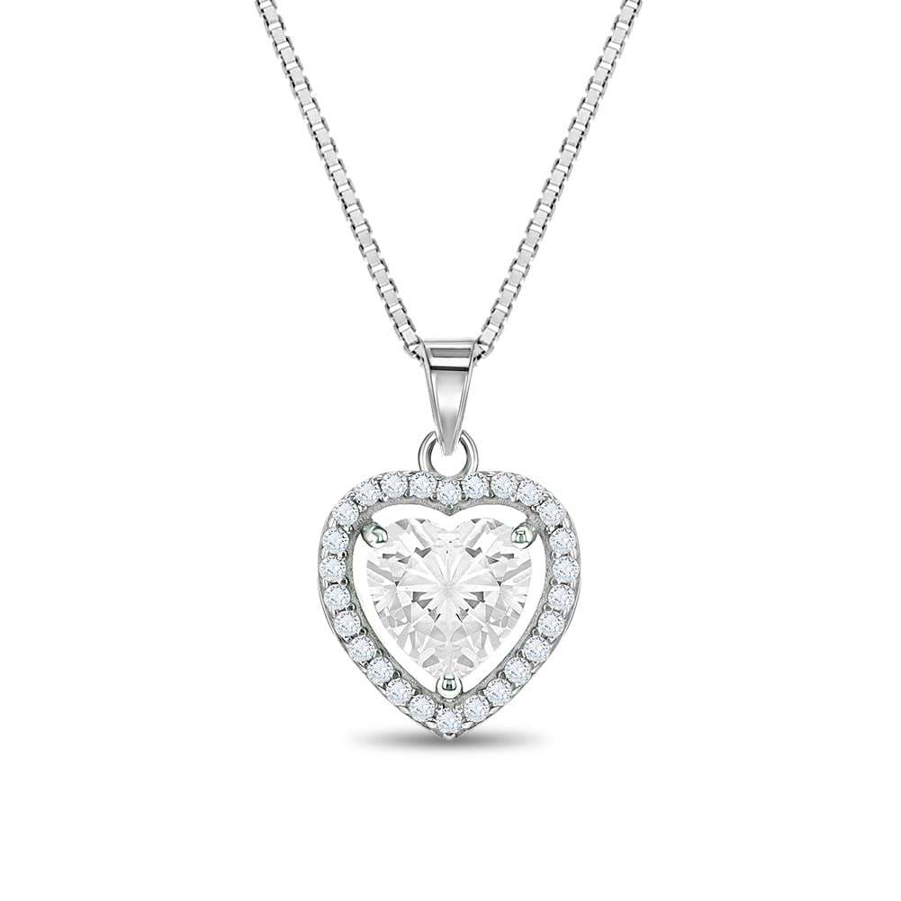 In Season Jewelry 925 Sterling Silver Tiny Heart & Round Cubic Zirconia Pendant Necklaces for Young Girls - Lovely Shape Charm Necklaces for Little Girls & Preteens - Shiny Beautiful CZ Pendant Necklace for Children