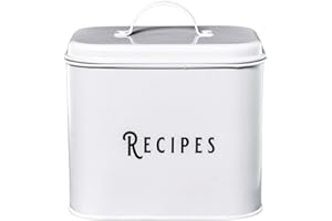 Large Farmhouse Metal Recipe Box With Cards And Dividers - White Vintage Tin Recipe Box With Card Holder In Handle. Comes Wit