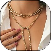 Gold Long Necklace for Women,Gold Beaded Long Chain Necklaces,Vintage Layered Pearl Strand Y Necklace Statement Jewelry