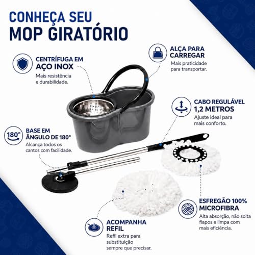 Mop com Balde Giratório 9 Litros, Cesto Inox, com Esfregão, Sistema de Limpeza 360°, Lava e Seca, Cabo Extensível, Cesto de Aço Inoxidável, Cinza - premium