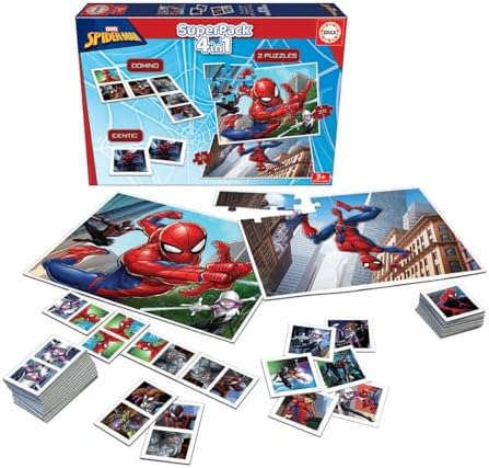 - Superpack Spiderman Marvel 4 en 1 | Puzzles, Dominó, Memory Infantil | 2 Puzzles 25 y 50 Piezas, Dominó 21 fichas, Identic 24 Cartas | Juego Educativo niños 3 años (19353)