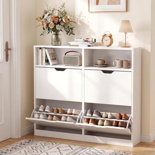 Zapatera Organizador Madera 4 Cajones Abatibles, Zapateras Modernas, Blanco | Zapateros Cerrado Mueble con Estantes Extraíbles, 8-16 pares, Zapatero de Madera para Recibidor Entrada Casa, 105*24*100cm