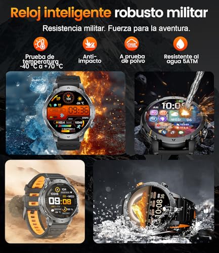 HIRREO EF24 Smartwatch Hombre-Linterna LED, Batería 1000mAh Larga Duración, Pantalla HD 1,85", 100 Modos Deportivos, IP68 Impermeable, Llamadas Bluetooth, 3 Correas, Compatible Android iOS, Negro