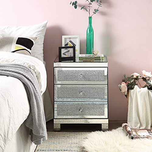 MIREO Mirrored Nightstand with 3 Drawers, Mirror Accent Silver Table