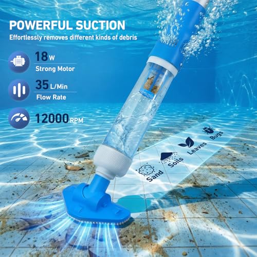 Aspirapolvere Piscina, Aspirapolvere Ricaricabile 3-in-1 con Palo Telescopico Regolabile (120cm-185cm), 70 Minuti di Funzionamento Aspirapolvere Pavimento Piscina per Piscine