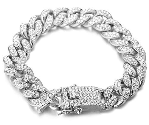 HALUKAKAH Gold Chain for Men 14/20MM 18k Real Gold Plated/Platinum White Gold Diamond Cuban Link Chain Choker Necklace Bracelet,Prong Set,with Giftbox (14MM Platinum Plated Bracelet, 20.5)