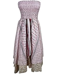 Mogul Womens 2 in 1 Strapless Dress Maxi Skirts Boho Recycled Printed Vintage Sari Two Layer