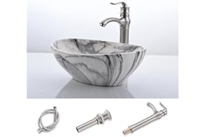 Oval Bathroom Vessel Sink with Faucet -HLBLFY 16"x13" Black White Marble Coated Porcelain Ceramic Vessel Vanity Sink Art Basin & Brushed Faucet Comb