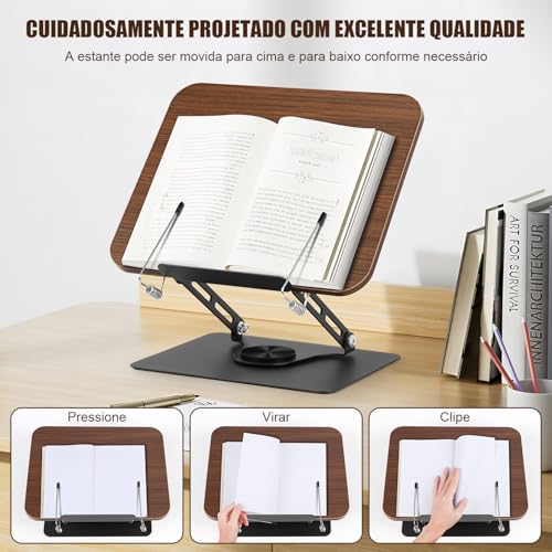 360° Suporte de Livro para Leitura com Base GiratóRia, Suporte para Livros Leitura, Apoio de Leitura, Apoio de Leitura Livro, Designs Dobráveis e Clipes Elásticos, Estante de Leitura