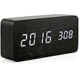 OCT17 Wooden Digital Alarm Clock, Multi-Function Smart Alarm Clock, LED Light Alarm Clock with USB Power Supply, Voice Control, Thermometer - Black