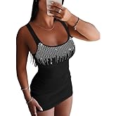 Ninimour Women's Summer Mini Dress U-Neck Rhinestone Decor Knit Ribbed Bodycon Slim Fit Dresses