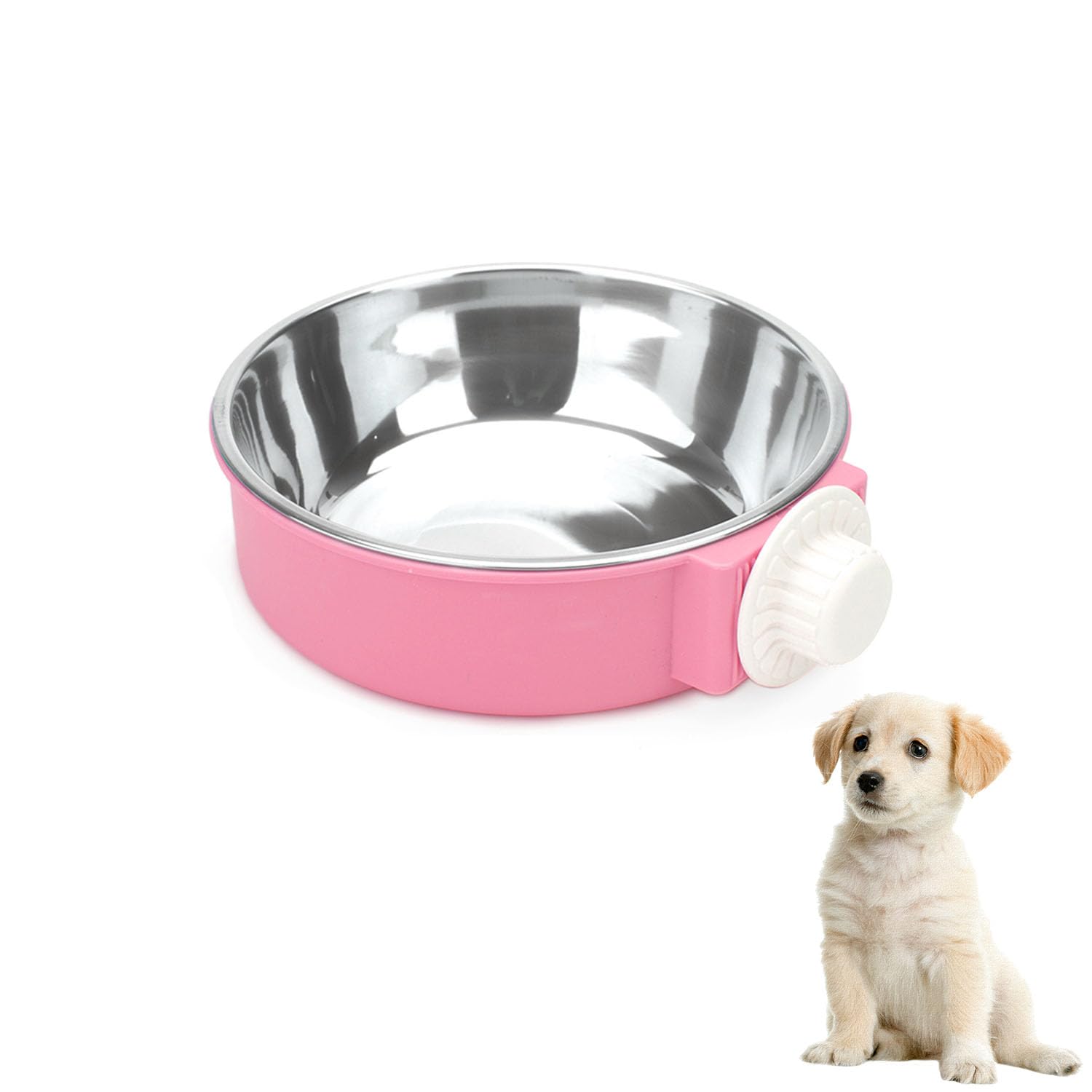 Dog Bowls, Crate Water Bowl, 2-in-1 Dog Cage Hanging Bowls Removable Cage Water Bowls for Puppies, Cats and Other Small Animals (Pink)