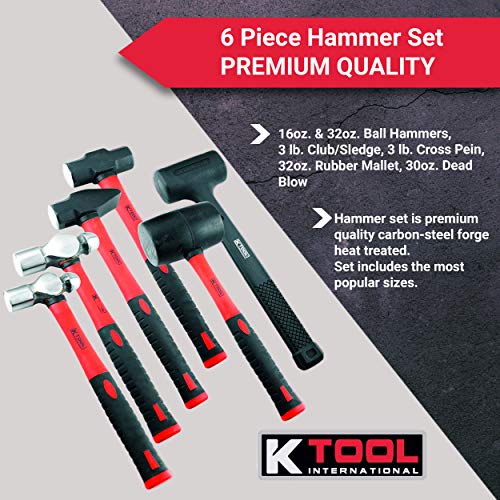 K Tool International 71770 6 Piece Hammer Set for Garages, Repair Shops