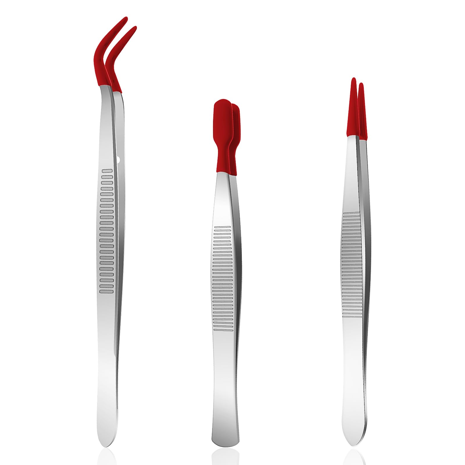 WLLHYF 3 Pieces Tweezers with Rubber Tips Set with Red Silicone Coated Flat Bent Pointed Tip Tweezer for Crafting Jewelry Eyelash Tool Applicator Industrial Sticker Long Tweezers