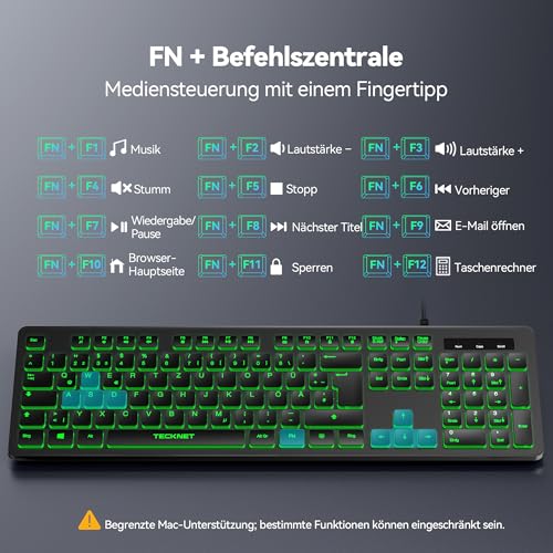 TECKNET Wired Keyboard USB with 7 Colours RGB Lighting, German QWERTZ Full Size, Quiet Keyboard Splash-proof for PC/Laptop (Windows/Mac) - Black
