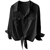 Womens Button Down V Neck Shirts 3/4 Sleeve Tie Front Loose Office Business Shirt Blouse Summer Casual Tops
