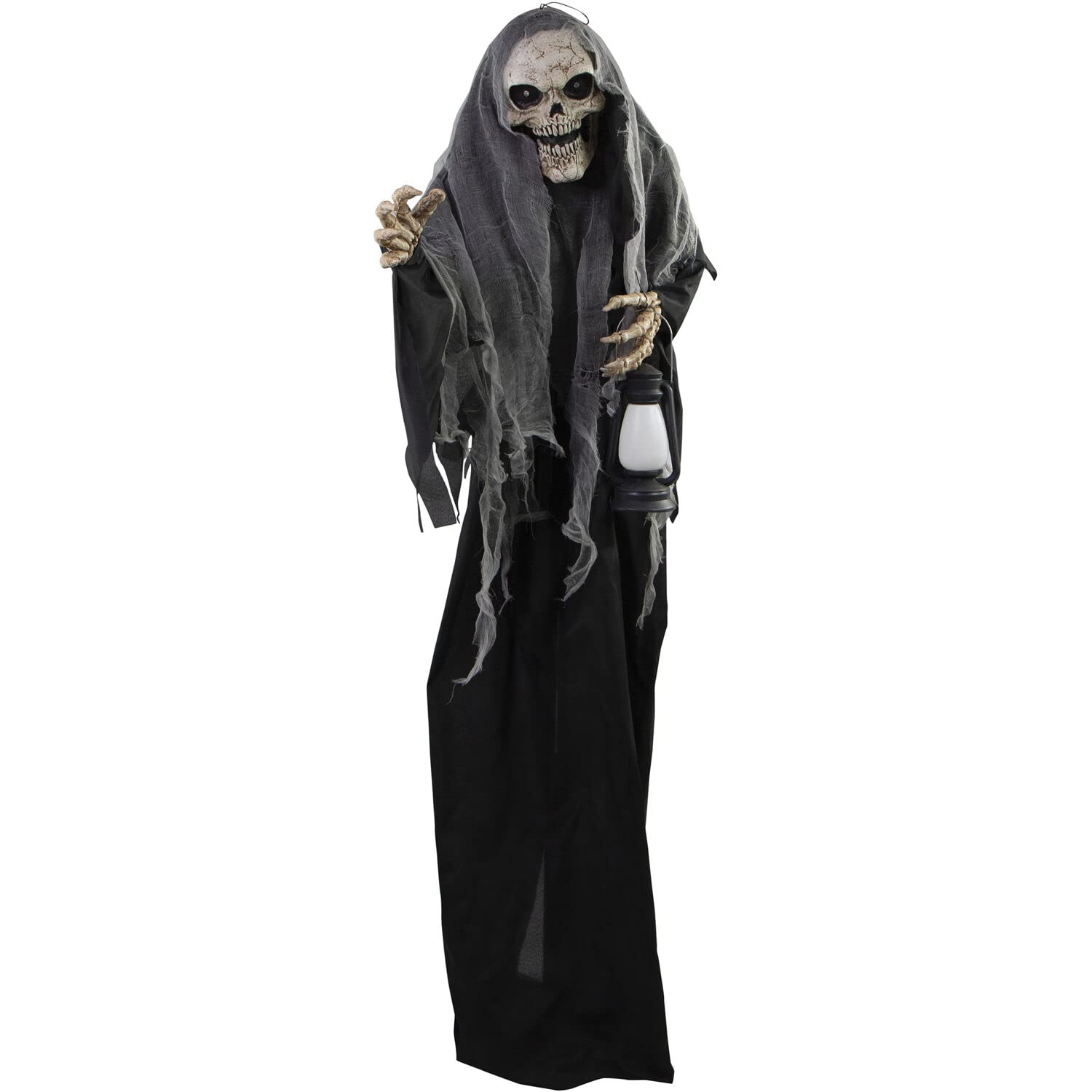 Photo 1 of Haunted Hill Farm Life-Size Scary Skeleton Reaper Holding Lantern, Halloween Animatronic with Touch Activated Lights and Sound, Battery Operated Indoor or Covered Outdoor Halloween Decorations