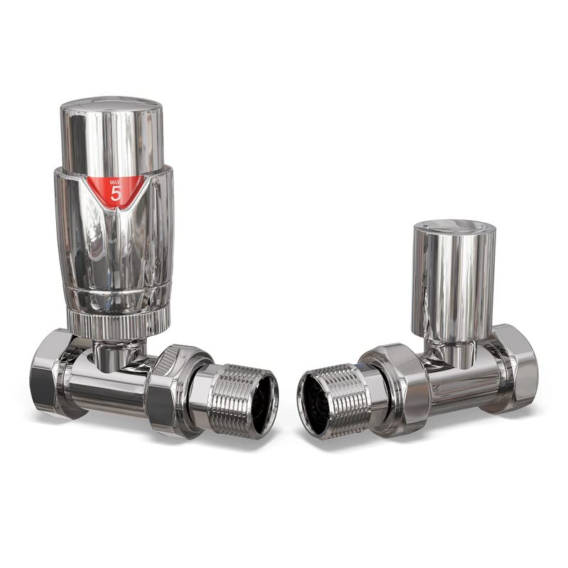 UK Radiators Chrome Thermostatic Radiator Valve and Straight Lockshield Valve - Polished Chrome Finish - Classy and Modern Design 1/2" x 15mm Straight Radiator Valve