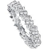 DCFSHEE Platinum Plated Emerald/Cushion Cut Cubic Zirconia CZ Fine Ring for Women, Baguette and Round CZ Engagement Wedding Eternity Band Ring (US Size 8)