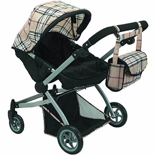 Babyboo Deluxe Twin Doll Pram Foldable Doll Stroller with Swiveling Wheels, Basket, Adjustable Handle, Convertible Seat,and Free Carriage Bag, Beige & Black Plaid Multi Function - 9651A