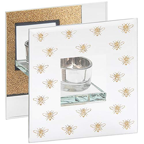 Lesser & Pavey Striking Square Silver & Gold Bumblebee Mirrored Single Tealight Holder - Glass with glitter detailing