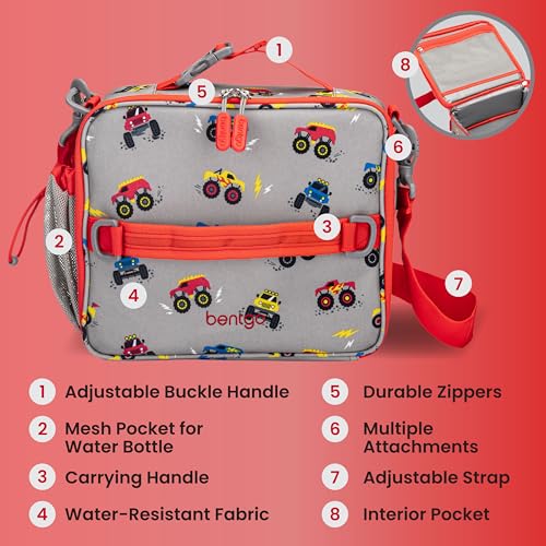 Bentgo Kids Lunch Bag - Double-Insulated, Reusable Lunch Bag for Kids 3+ with Adjustable Strap; Holds Lunch Box/Water Bottle/Snacks; Easy-Clean, Water-Resistant & Pockets (Trucks)