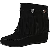 Women's Suede Tassel Cowboys Ankle Boots,Classic Vintage Round Toe Slip On Hidden Wedge Heel Low Heel Western Short Boots Dress Booties