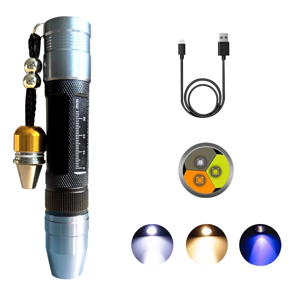 YZYOE LED Rechargeable Three Light Source Jade and Jewelry Appraisal Flashlight, 365NM Ultraviolet Gemstone Jade Beeswax Detector, White, Yellow, and 365 Purple Light Multifunctional Flashlight.