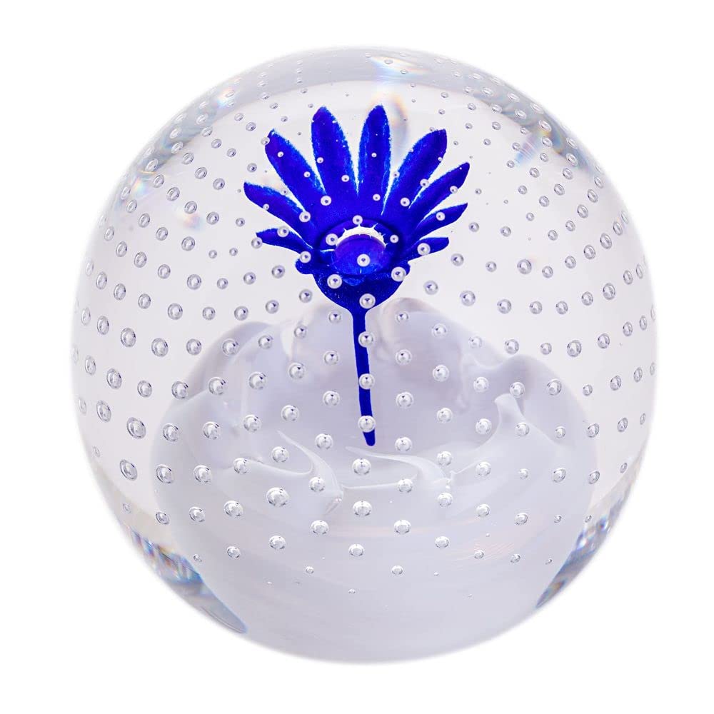 Caithness Glass Flower in The Rain Blue Flower Paperweight | Single | 90mm x 95mm | Handmade in Scotland | This Beautiful Flower is Surrounded by a Shower of Tiny Bubbles | Ornamental | Boxed | Gift