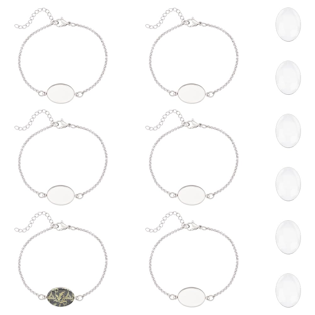UNICRAFTALE About 12 Sets Bracelet Bezel Settings Stainless Steel Bracelets Cabochon Blank Tray Bangles Oval Glass Cabochons Blank Link Bracelet for Summer Gifts Crafting DIY Bracelet Making