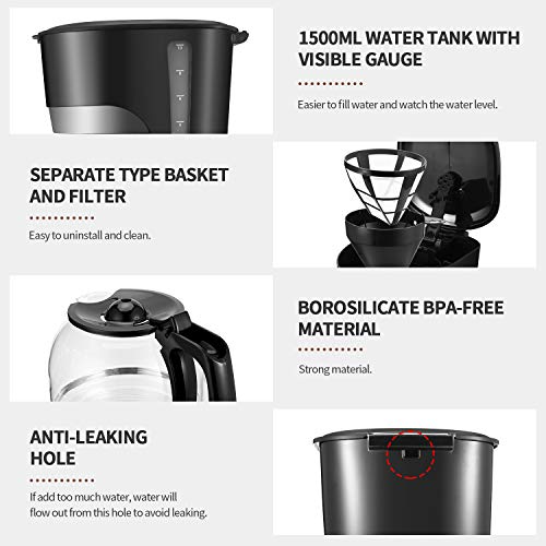 Gevi 10Cup Coffee Maker with Reusable Filter, Warming Plate and Glass