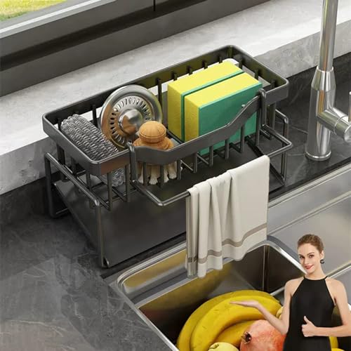 Terrifi Sink Caddy Organizer With Drain Tray, Sponge Holder For Kitchen Stainless Steel Perfect Sponge, Dish Soap Dispenser, Cleaning Towel, Scrubber, And Utensils