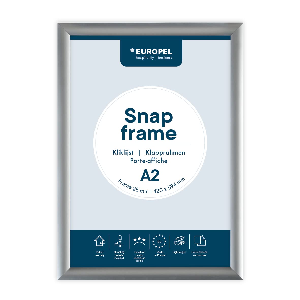 EUROPEL Snap Frame A2, Aluminium Anodised Construction and Anti-Glare Cover Clip Poster Holders for Retail and Advertising Displays Notice Sign Board Frame for Walls,Silver,25 mm