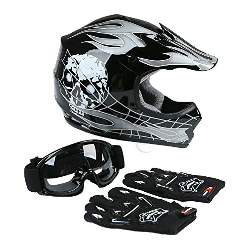 TCTMT Youth Helmet+Goggles+Gloves DOT Motocross Hot Youth Kids Helmets Black Skull Dirt Bike