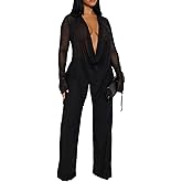YOUFE Women's Sexy 2 Piece Outfits Mesh See Through Deep V Neck Top and Long Pants Set Going Out Club Outfit