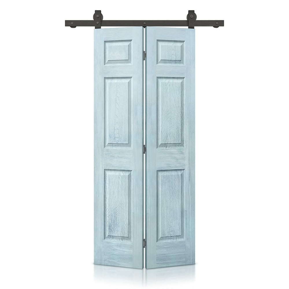 Photo 1 of 30 in. x 84 in. Hollow Core Vintage Denim Blue Stain 6 Panel MDF Composite Bi-Fold Barn Door with Sliding Hardware Kit