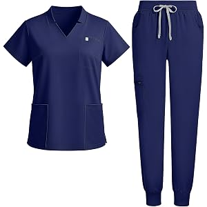 Dvoliaw Scrubs for Women Set with V-Neck Top&Jogger Pants 8-Pockets | Yoga waistband. Soft stretch knit. V-neck, jogger cuffs