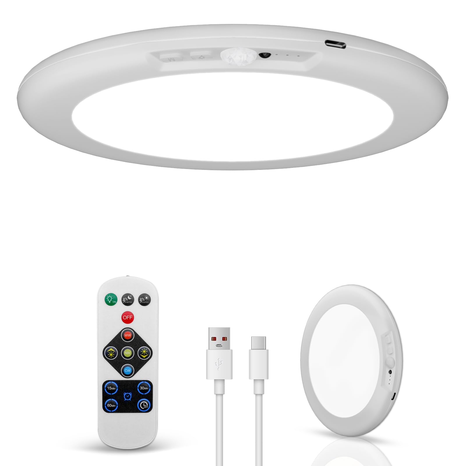 Akku Deckenlampe mit Bewegungsmelder, Aufladbar Akku Deckenleuchte Ohne Stromanschluss, 4000MAH LED Batteriebetriebene Deckenleuchte mit fernbedienung, Ohne Bohren,Dimmabar,3000K,4000K,6500K,Φ19CM