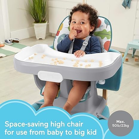 Fisher-Price SpaceSaver High Chair Navy Foliage, portable infant-to-toddler dining chair and booster seat with easy clean up features