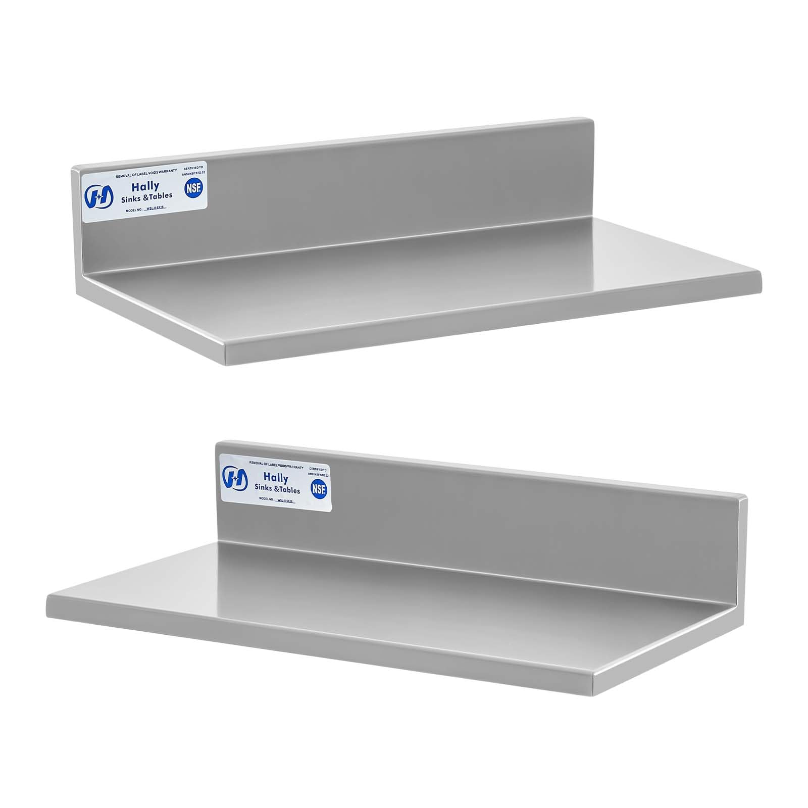 Photo 1 of HALLY Stainless Steel Wall Shelf 8.6 x 16 Inches 44 lb, NSF Commercial Heavy Duty Wall Mount Floating Shelving for Restaurant, Kitchen, Home, Hotel and Bar, 2 Pack