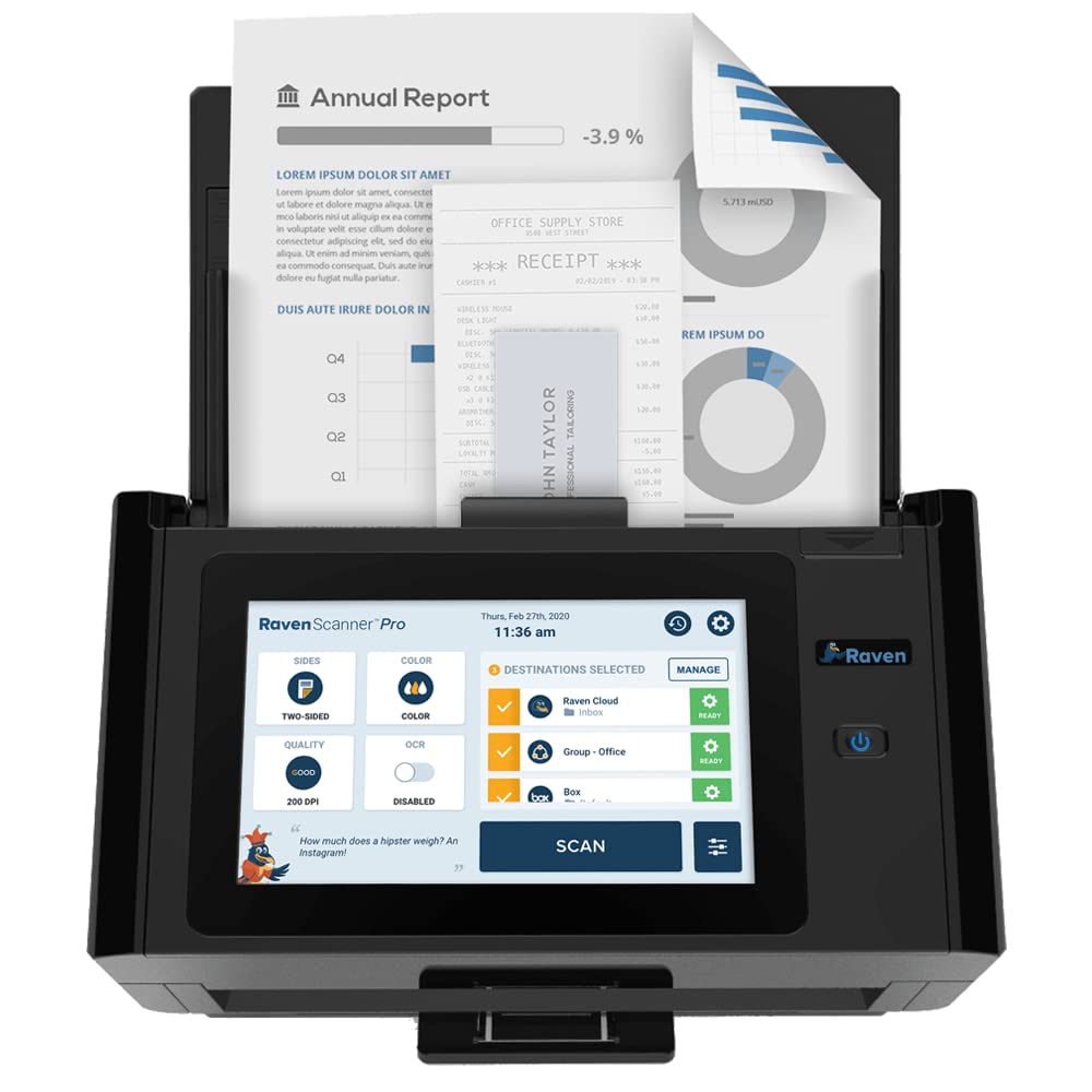 Raven Pro Document Scanner - Huge Touchscreen, High Speed Color Duplex Feeder (ADF), Wireless Scan to Cloud, WiFi, Ethernet, USB, Home or Office Desktop