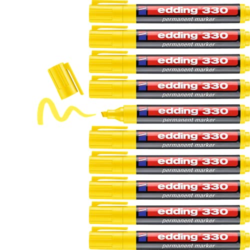 edding 330 Marqueur permanent - jaune - 10 stylos - pointe biseautée 1-5 mm - sèche vite, résiste à l'eau et aux frottements - pour carton, plastique, bois, métal, verre