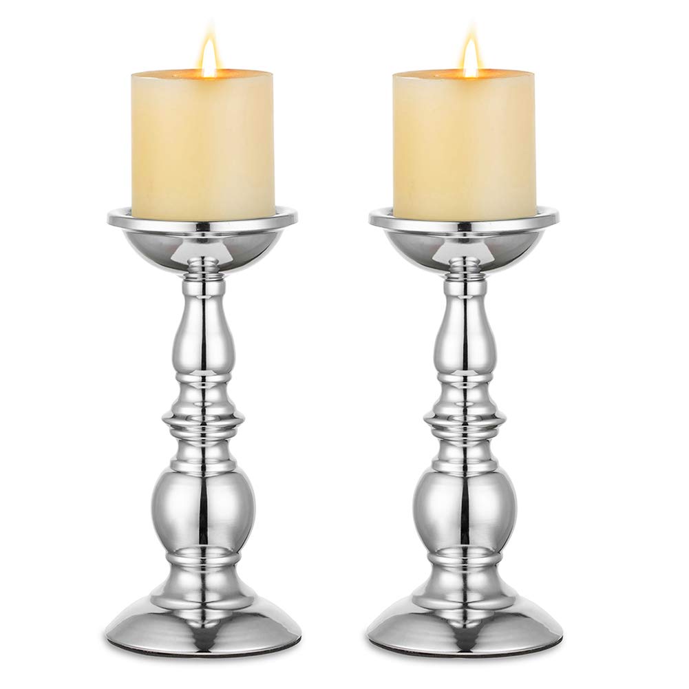 NUPTIO 2 Pcs Silver Pillar Candle Holders, Wedding Centerpieces Metal Candle Holder for 8cm Candles Stand Decoration Ideal for Weddings Halloween Christmas Special Events Parties Living Room