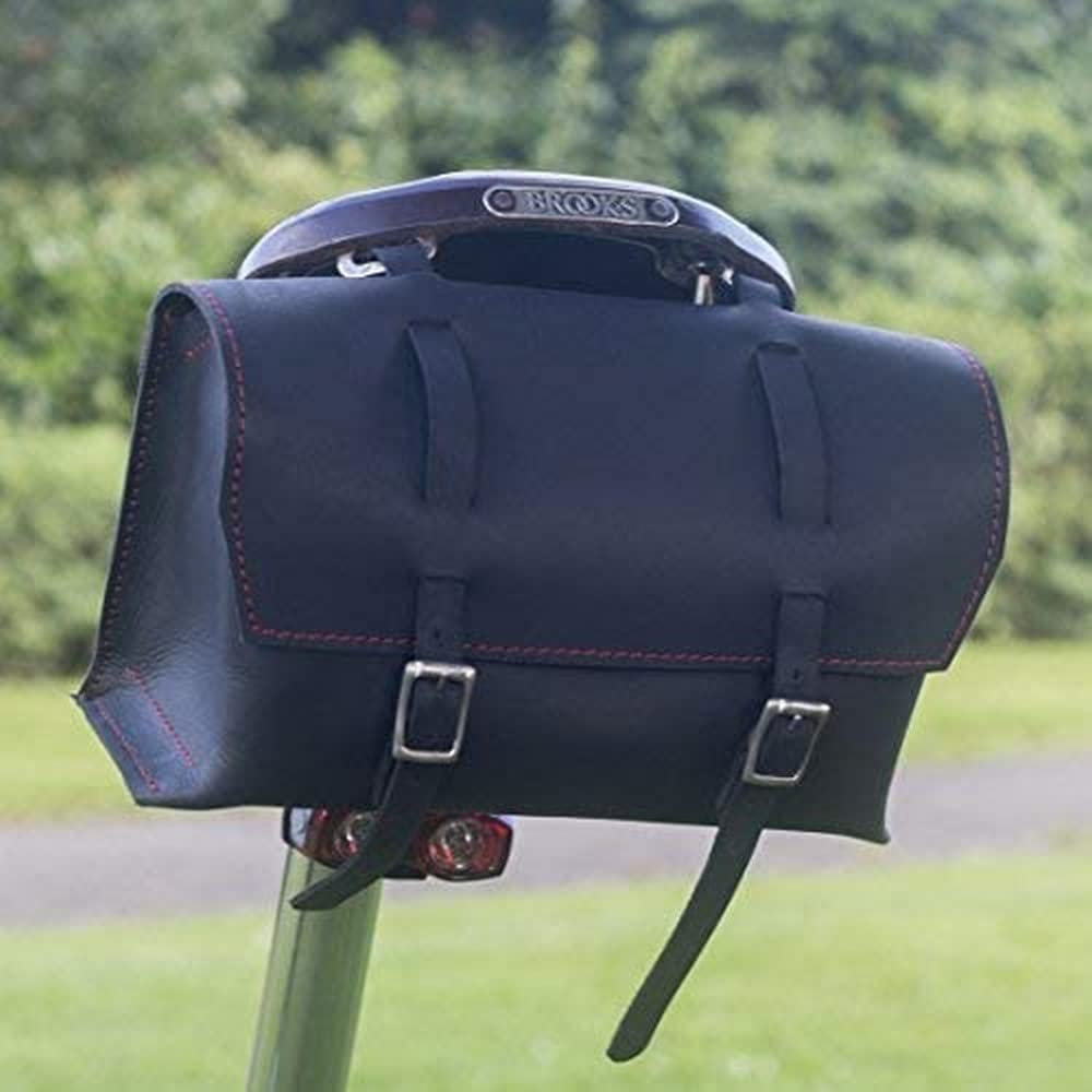 Large Bicycle Bag Saddle / Handlebar / Frame Bag in BLACK LEATHER Classic Bag Red Stitching XL-BL-RED