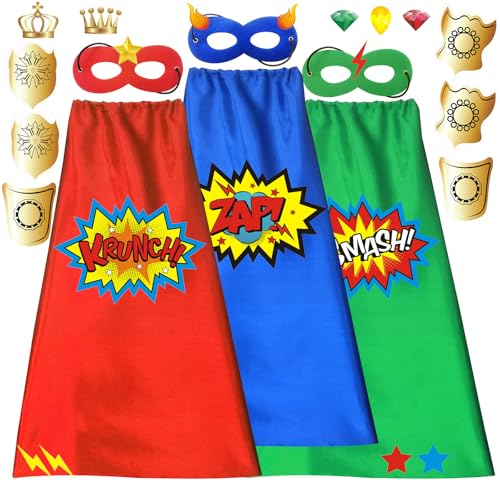 ADJOY Superhero Capes and Masks for Kids with Decorative Stickers - Superhero Birthday Party Dress Up Costume - Red Green Blue - 3 Sets