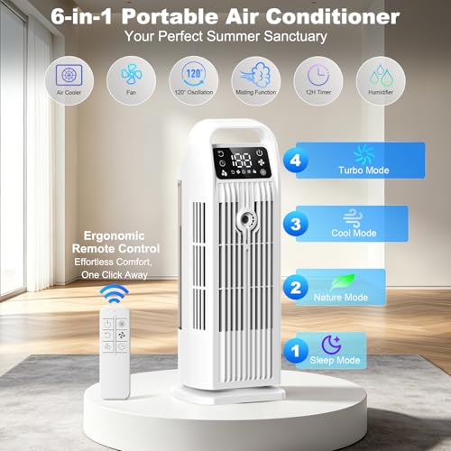 Portable Air Cooler, 4 in 1 Air Conditioner 1200ML Evaporative Air Cooler with Remote Control, 120° Oscillating 4 Speeds 12H Timer Mist Spray Tower Fan for Home Office（White）
